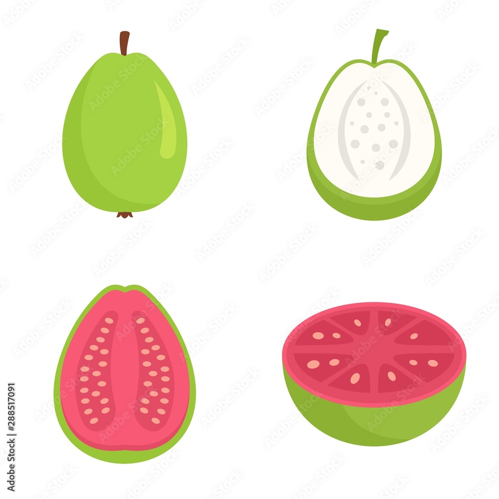 Sticker Guava icons set. Flat set of guava vector icons for web design