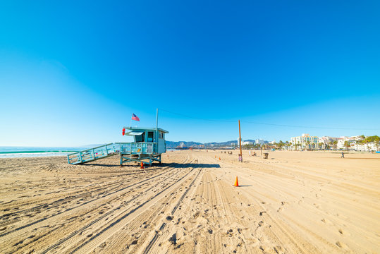 Lifeguard tower in world famous Santa Monica beach in Los Angeles