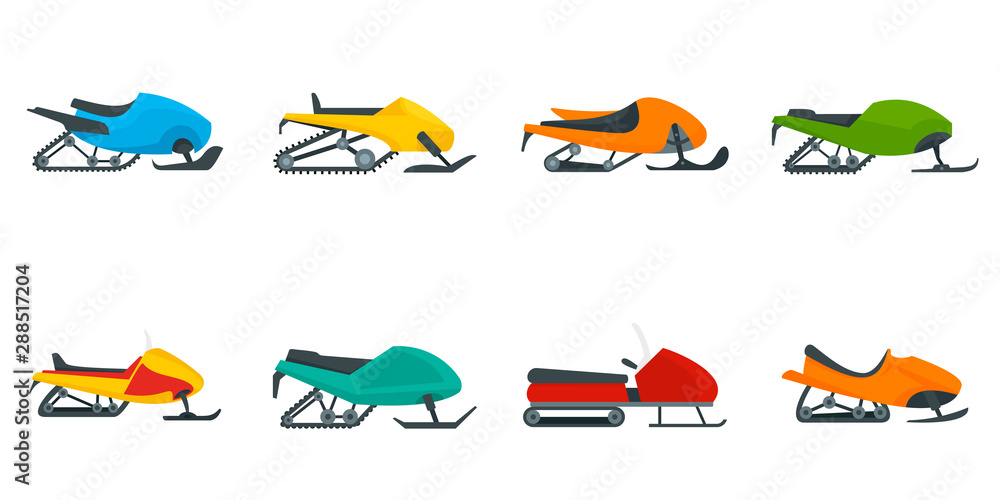 Poster snowmobile icon set. flat set of snowmobile vector icons for web design