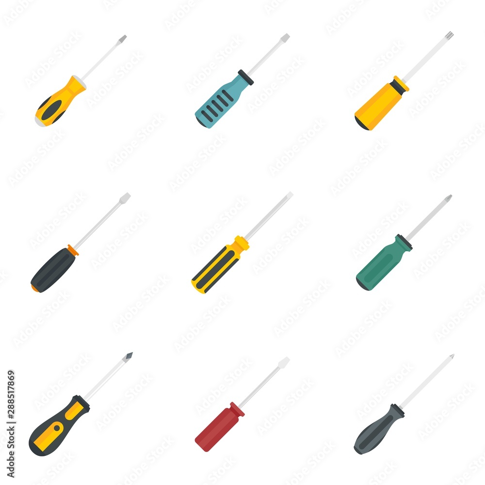 Poster screwdriver icons set. flat set of screwdriver vector icons for web design