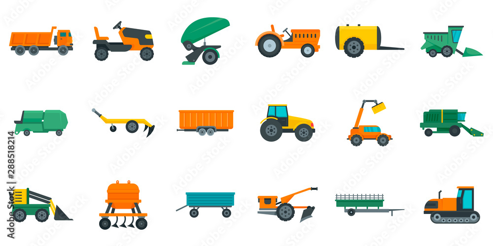 Poster agricultural machines icons set. flat set of agricultural machines vector icons for web design
