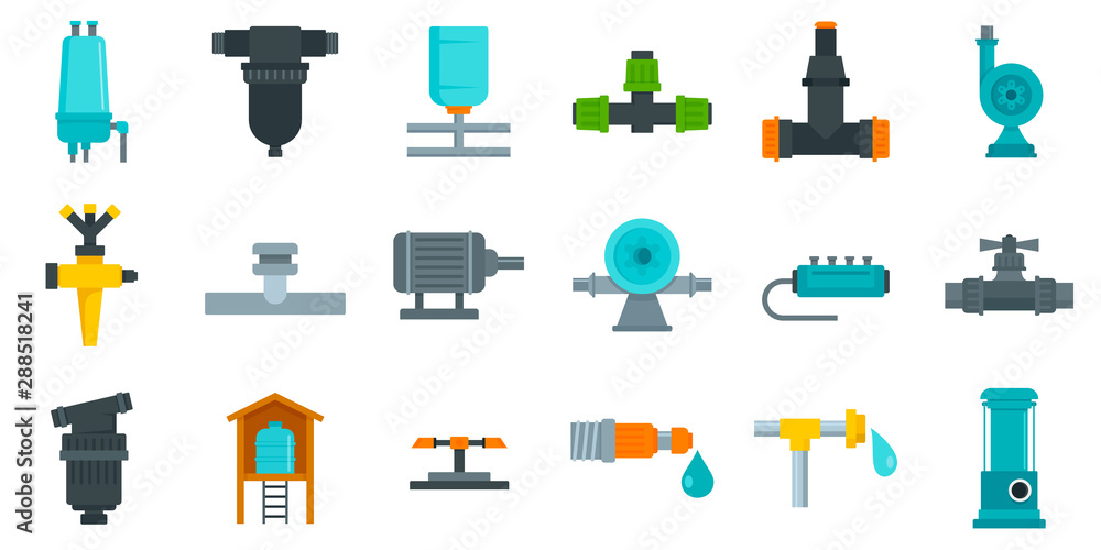 Poster irrigation system icon set. flat set of irrigation system vector icons for web design