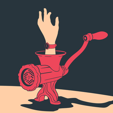 Illustration Vector Hand Of A Man In A Meat Grinder