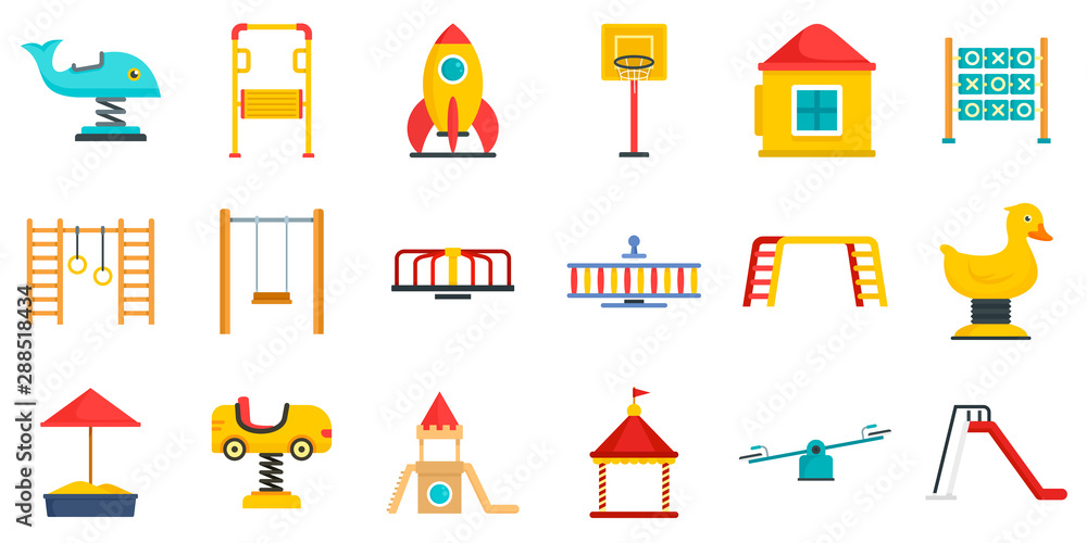 Poster kid playground icon set. flat set of kid playground vector icons for web design