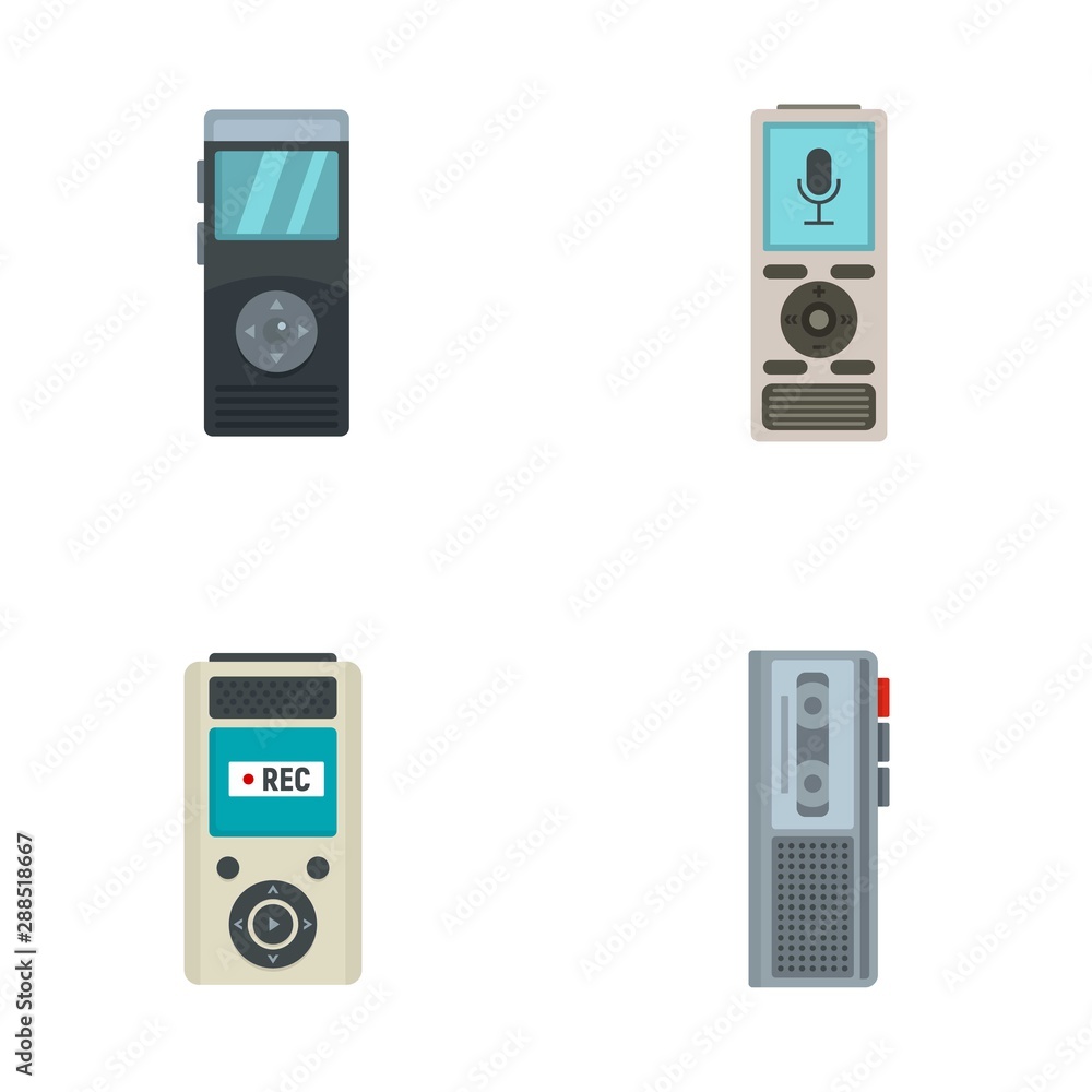 Poster dictaphone icons set. flat set of dictaphone vector icons for web design