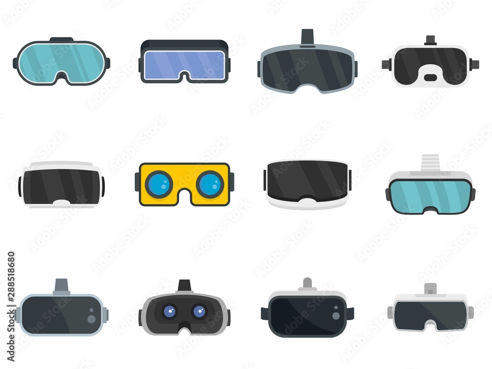 Poster game goggles icons set. flat set of game goggles vector icons for web design