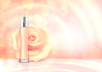 Perfume bottle with a rose aroma, pink background with perfume and flowers of roses. Cosmetic.
