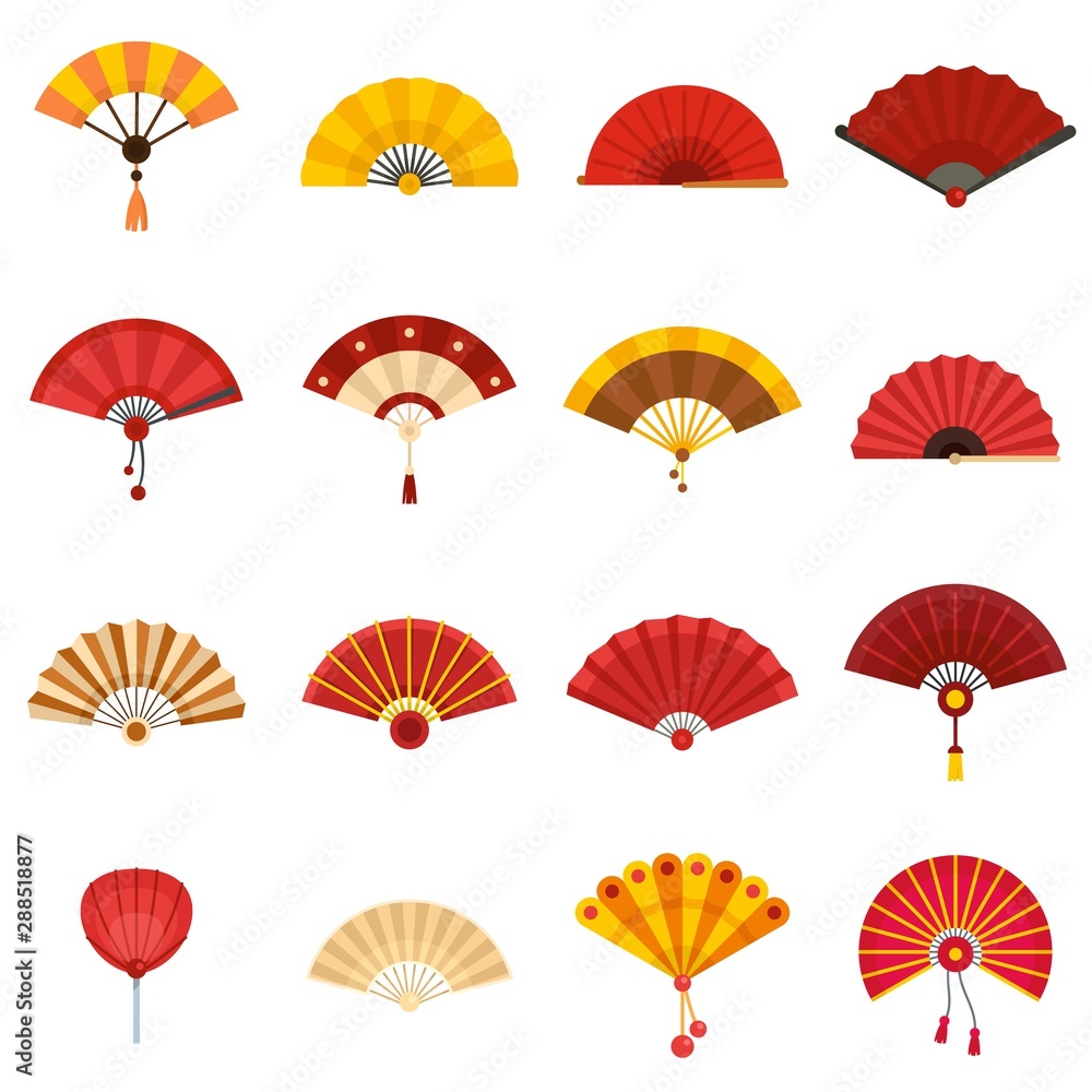 Poster handheld fan icons set. flat set of handheld fan vector icons for web design