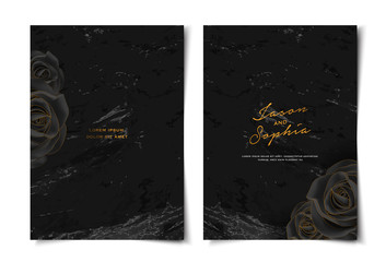 Set of elegant black and gold wedding invitation template layout with rose flower and marble texture background