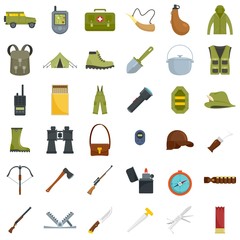 Hunting equipment icons set. Flat set of hunting equipment vector icons for web design
