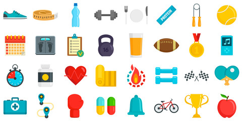 Apps for fitness icons set. Flat set of apps for fitness vector icons for web design