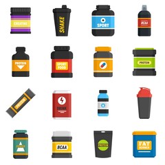 Sport nutrition icons set. Flat set of sport nutrition vector icons for web design