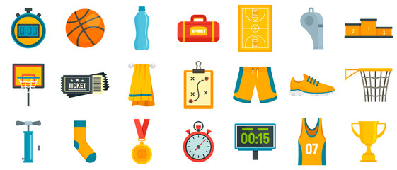 Basketball equipment icons set. Flat set of basketball equipment vector icons for web design