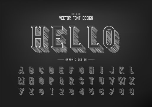 Pencil sketch shadow font and alphabet vector, Chalk writing style typeface letter and number design