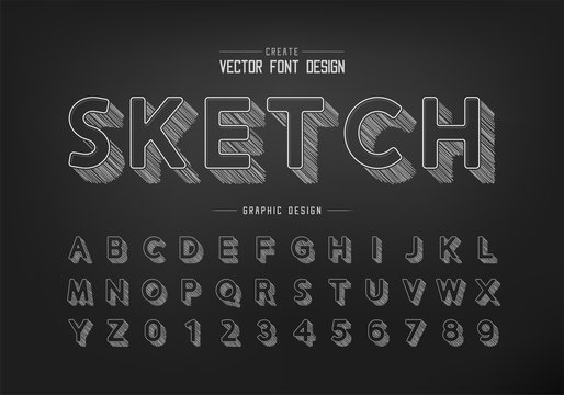 Pencil sketch shadow font and round alphabet vector, Chalk design typeface and number