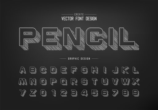 Pencil sketch shadow font and round alphabet vector, Chalk design typeface letter and number