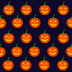 Vector graphics. Halloween pattern with cartoon pumpkins. Cute Halloween characters. Cartoon holiday  pattern. Dark background. 