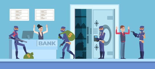 Naklejka na ściany i meble Bank robbery. Cartoon scene with criminal persons in mask and dark clothes stealing money from bank office. Vector organize rich thieves style design with cash bag