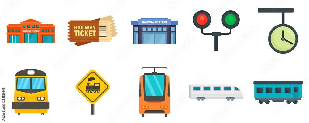 Aufkleber railway station icons set. flat set of railway station vector icons for web design