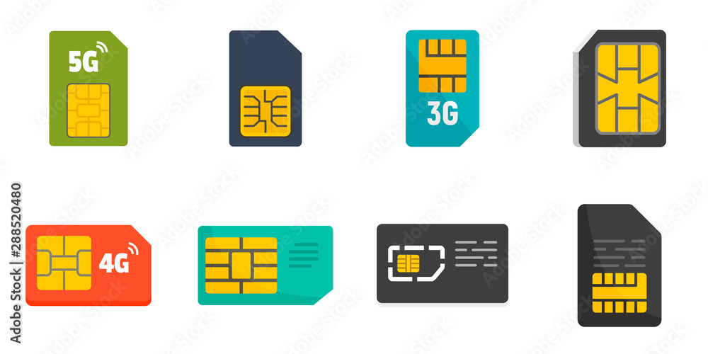 Poster sim phone card icons set. flat set of sim phone card vector icons for web design