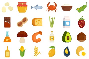 Food allergy icons set. Flat set of food allergy vector icons for web design