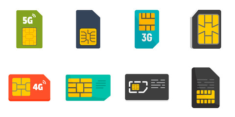 Sim phone card icons set. Flat set of sim phone card vector icons for web design