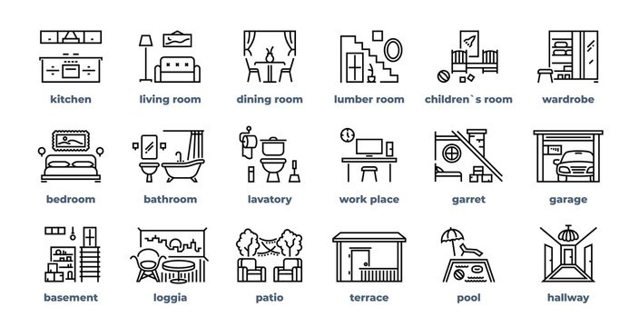Home rooms line icons. Living room bedroom kitchen bathroom simple outline flat pictograms. Vector design home interior furniture set