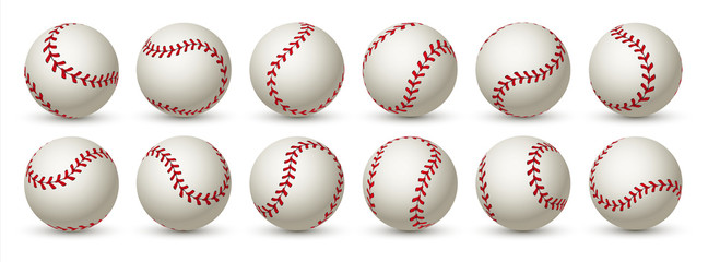 Realistic baseball ball. Leather 3D softball white ball mockup design with red lace. Vector isolated graphic template balls in flight set