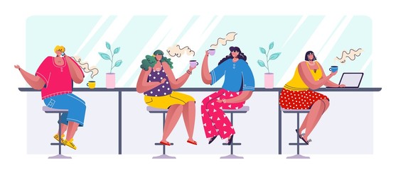 People drinking coffee. Cartoon trendy characters sitting in row drinking speaking and working at laptop. Vector illustrations cafe scene with business lifestyle young woman meeting friends in bar