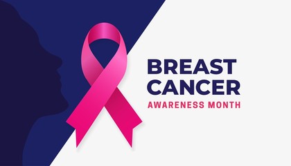 Breast cancer awareness month simple modern poster background design. Pink bow ribbon with woman face silhouette vector illustration graphic template