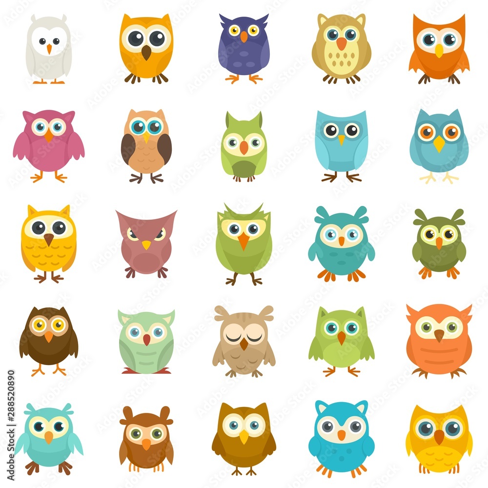 Wall mural owl icons set. flat set of owl vector icons for web design