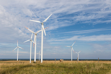 Fototapeta premium Landscape with mills of the wind power plant on the field under the blue cloudy sky on a sunny day.