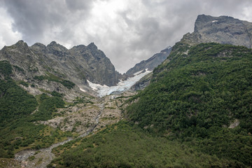 Fototapeta premium Panorama view on mountains scene in national park of Dombay, Caucasus