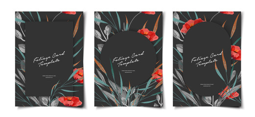 Set of black cover template geometric layout with poppy flower and foliage watercolor decoration design