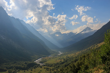 Fototapeta na wymiar Panorama view on mountains with river scene in national park of Dombay