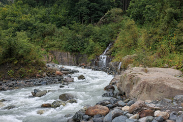 Closeup view river scene in forest, national park of Dombay, Caucasus, Russia