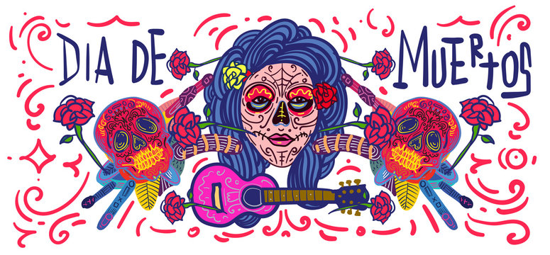 Dia De Muertos Festival Banner Illustration. Doodle Illustration Day of The Dead Mexican Tradition and Religion Festival.