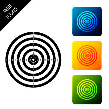 Target sport for shooting competition icon isolated. Clean target with numbers for shooting range or pistol shooting. Set icons colorful square buttons. Vector Illustration