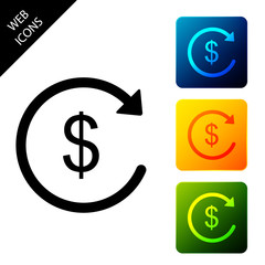 Refund money icon isolated. Financial services, cash back concept, money refund, return on investment, savings account, currency exchange. Set icons colorful square buttons. Vector Illustration