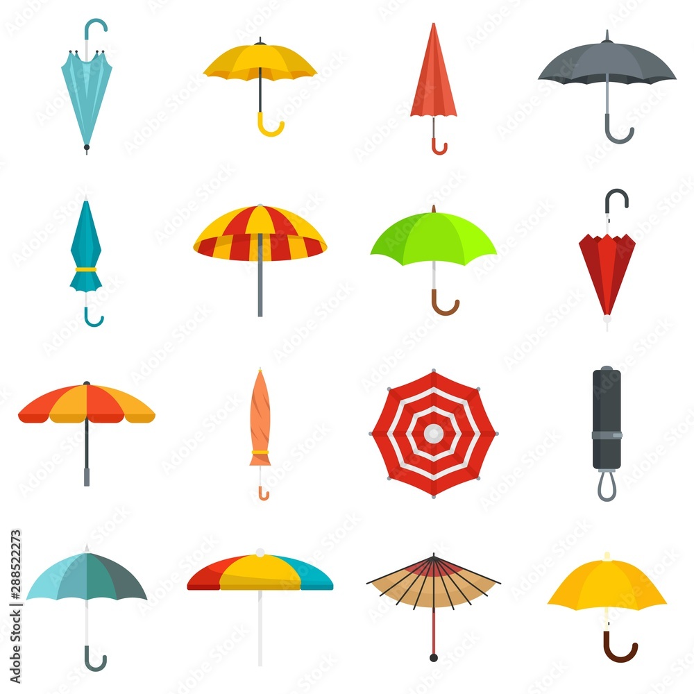 Poster umbrella icons set. flat set of umbrella vector icons for web design