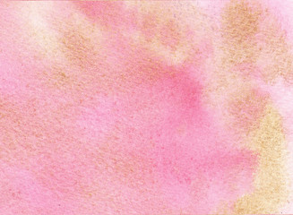 Hand drawn watercolor gold pink background. Watercolor wash.