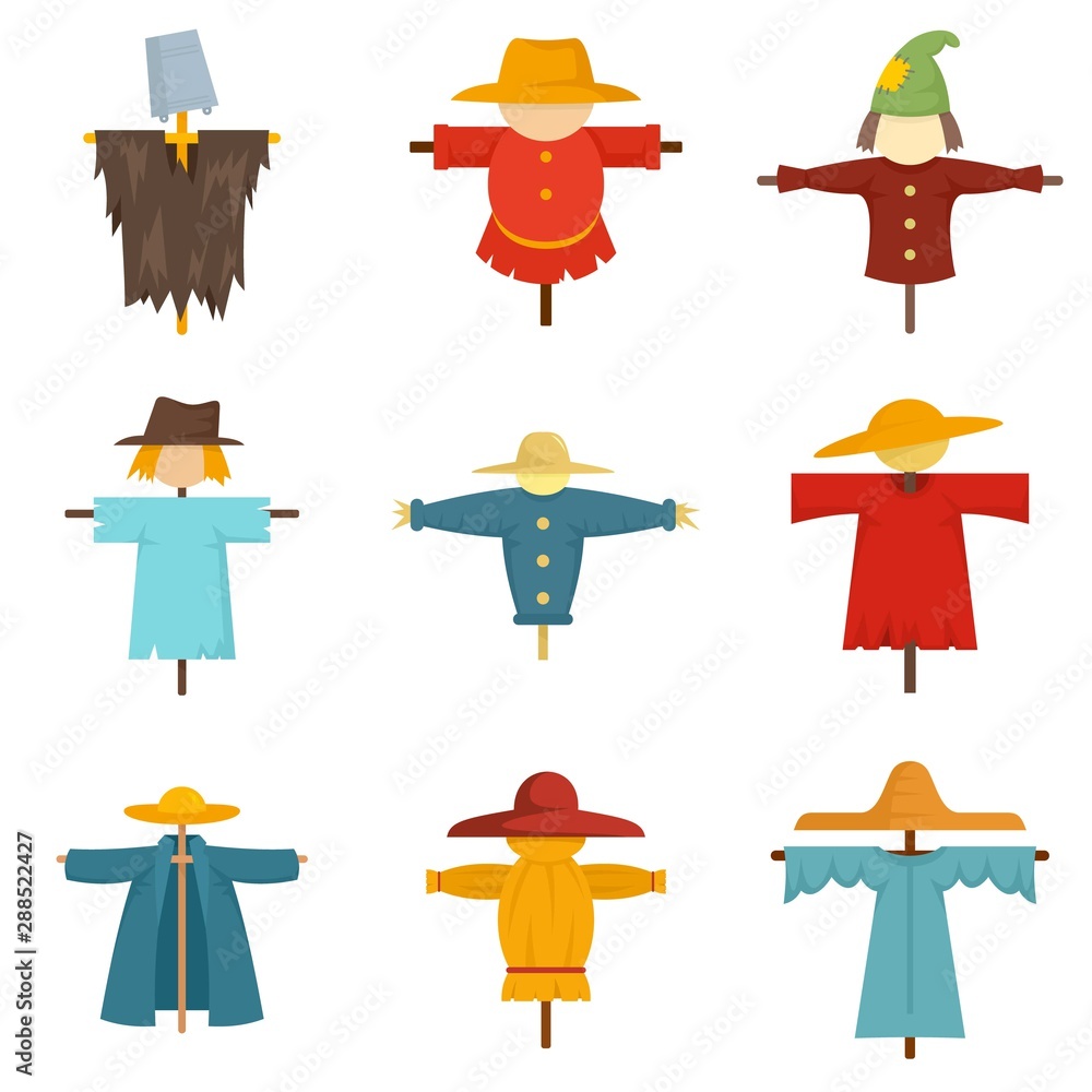 Poster scarecrow icons set. flat set of scarecrow vector icons for web design