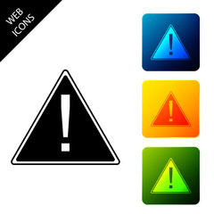 Exclamation mark in triangle icon isolated. Hazard warning sign, careful, attention, danger warning important information sign. Set icons colorful square buttons. Vector Illustration