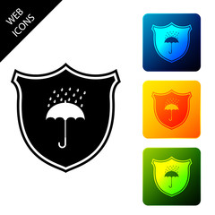 Waterproof icon isolated. Shield and umbrella. Protection, safety, security concept. Water resistant symbol. Set icons colorful square buttons. Vector Illustration