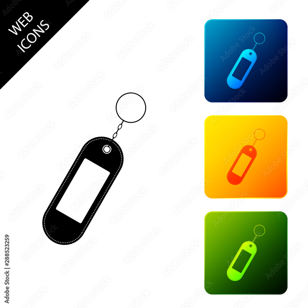 Poster key chain icon isolated. blank rectangular keychain with ring and chain for key. set icons colorful 