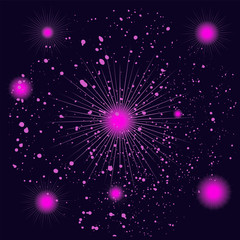 Festive dark purple background with bright pink spots, drops - vector.