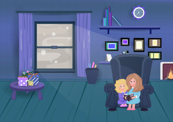 Bedtime stories living room interior, mother enjoys spending time with children good night in winter seasonal holiday background vector illustration
