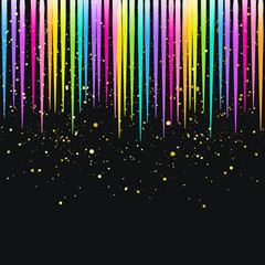 Abstract bright rainbow lines and yellow splashes, dots on a black background - vector. Holiday design.