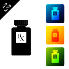 Pill bottle with Rx sign and pills icon isolated. Pharmacy design. Rx as a prescription symbol on drug medicine bottle. Set icons colorful square buttons. Vector Illustration