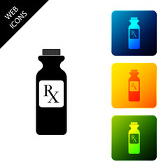 Pill bottle with Rx sign and pills icon isolated. Pharmacy design. Rx as a prescription symbol on drug medicine bottle. Set icons colorful square buttons. Vector Illustration